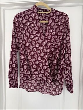 Pleione Burgundy Floral Wrap-Style Blouse